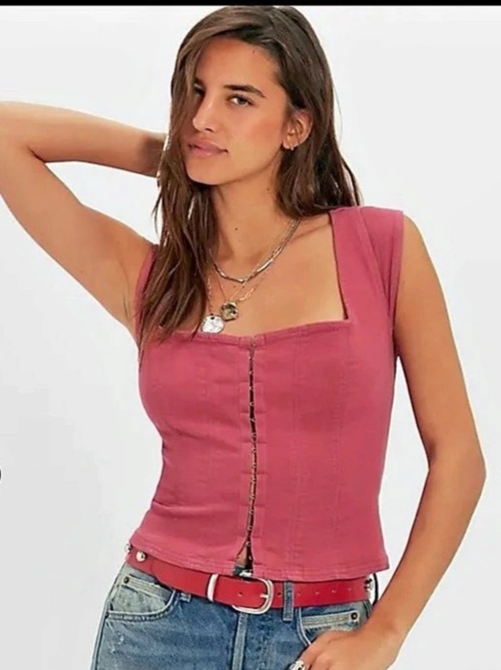 Free People Marilyn Denim Corset Tank in Red Size Medium NWT